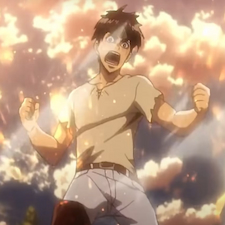 Eren screaming with clouds in the background