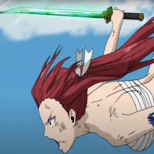 Erza falling from sky holding on to green sword