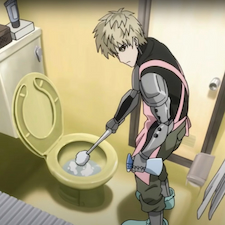 Genos in a cleaning outfit by cleaning the toilet