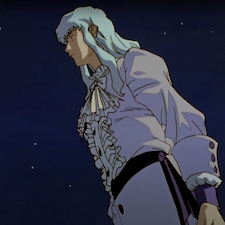 Griffith in Victorian attire staring into space
