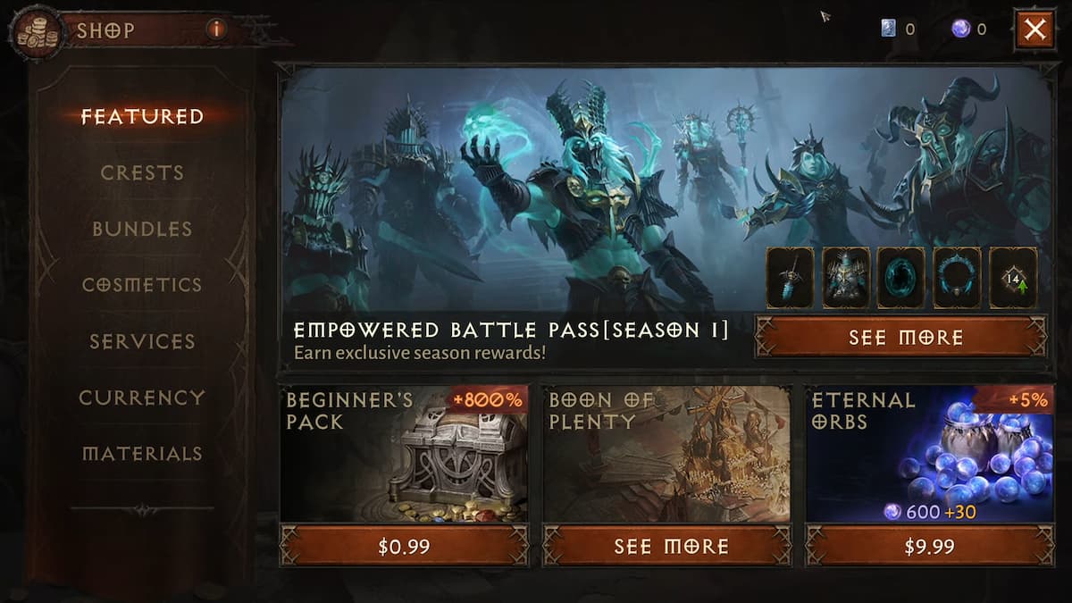 Featured Section in Diablo Immortal Shop