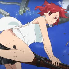 Izetta flying a rifle while in a white night gown