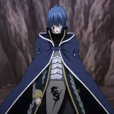 Jellal in a dark blue cape with his hair over his face