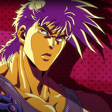 Joseph with a colorful background and purple hair