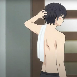 Kou with no shirt on looking confused at Futaba