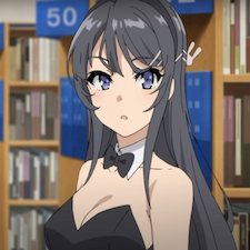 Mai looking confused while wearing play bunny suit
