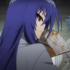 Medaka holding a fan in front of his face