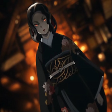 Muzan in female form with red glow behind him