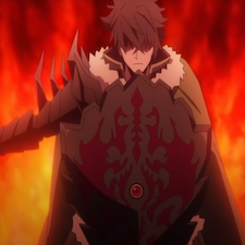 Naofumi holding shield with fire in the background