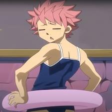 Natsu wearing a pink floaty around his waist