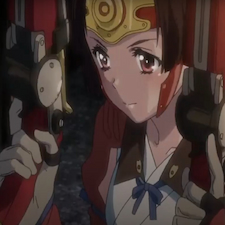 Numei holding her gun and in battle armor