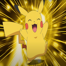 Pikatchu being super happy with gold light behind him