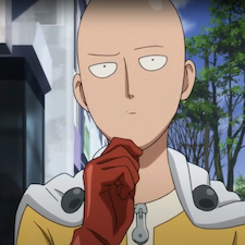 Saitama looking puzzled with red glove on
