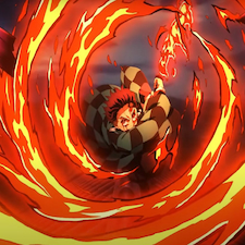 Tanjiro using fire technique to finish off enemy