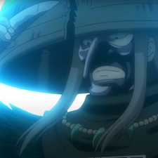 Utsuro with blue hew around him, wearing samurai mask