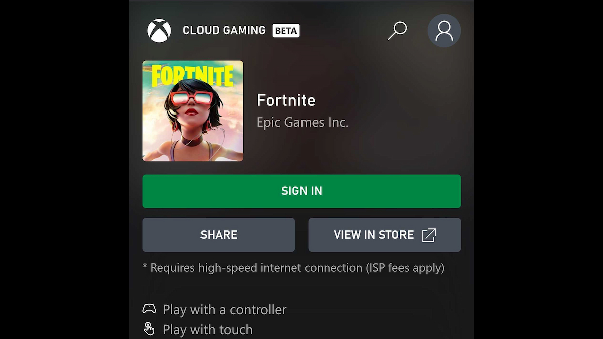 Xbox Cloud Gaming Fortnite Page