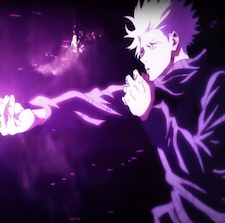 Yuji using his purple power up and his mask off