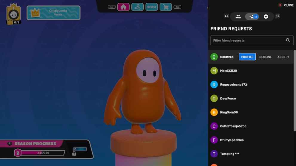 friend requests list within Fall Guys social menu