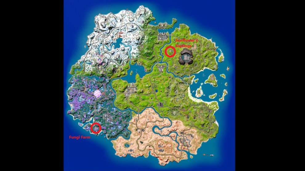 sunflower's saplings and fungi farm locations on Fortnite's map