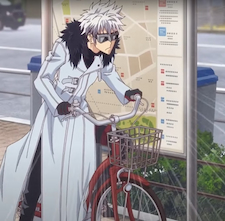 Hatsuharsu on his bike but wearing fancy and expensive clothes