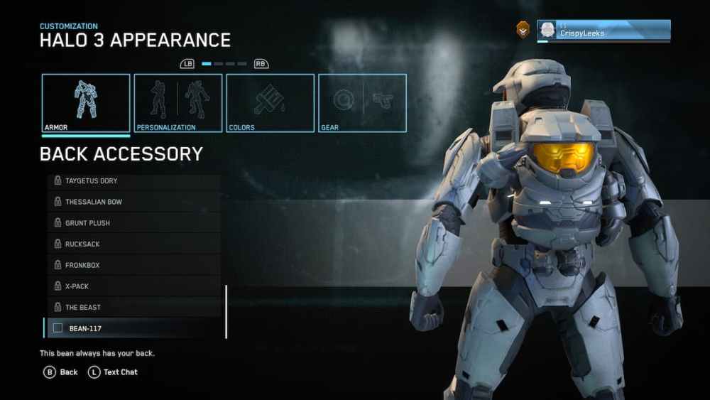 Equipping the Bean-117 back attachment in Halo Master Chief Collection's Customization menu