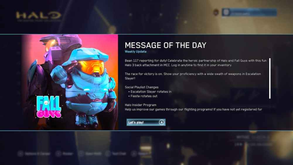 Message of the Day in Halo Master Chief Collection informing players the Bean-117 back attachment is in their inventory.