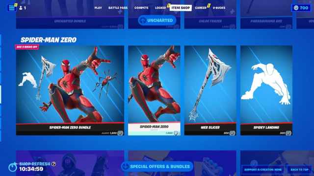 Spider-Man Zero outfit in Fortnite Item Shop
