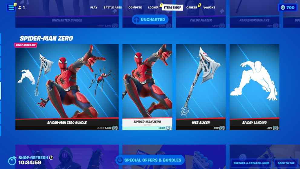 Spider-Man Zero outfit in Fortnite Item Shop