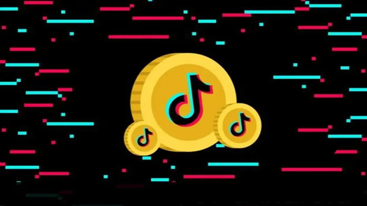  A screenshot of a TikTok app with three TikTok coins in the center. The background is black with colorful lines representing a glitch effect. The image is about apps that give TikTok coins for completing tasks.