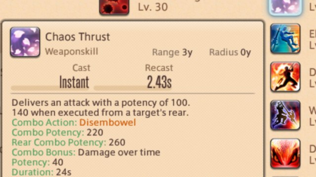 Tooltip for Dragoon's Chaos Thrust ability in Final Fantasy XIV