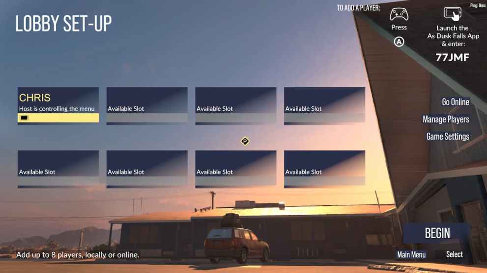 as dusk falls co-op lobby set-up screen