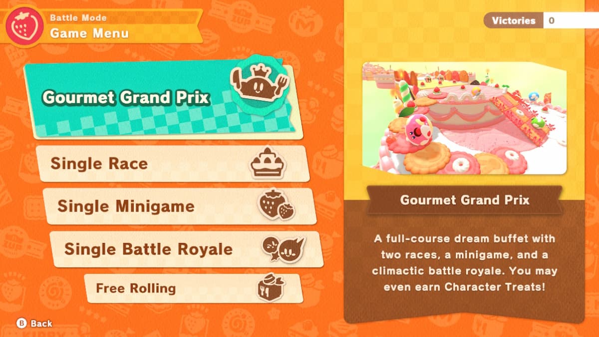 Battle Mode Game Menu in Kirby's Dream Buffet