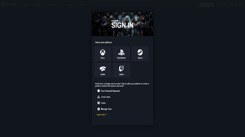 Destiny 2 Bungie.net login screen