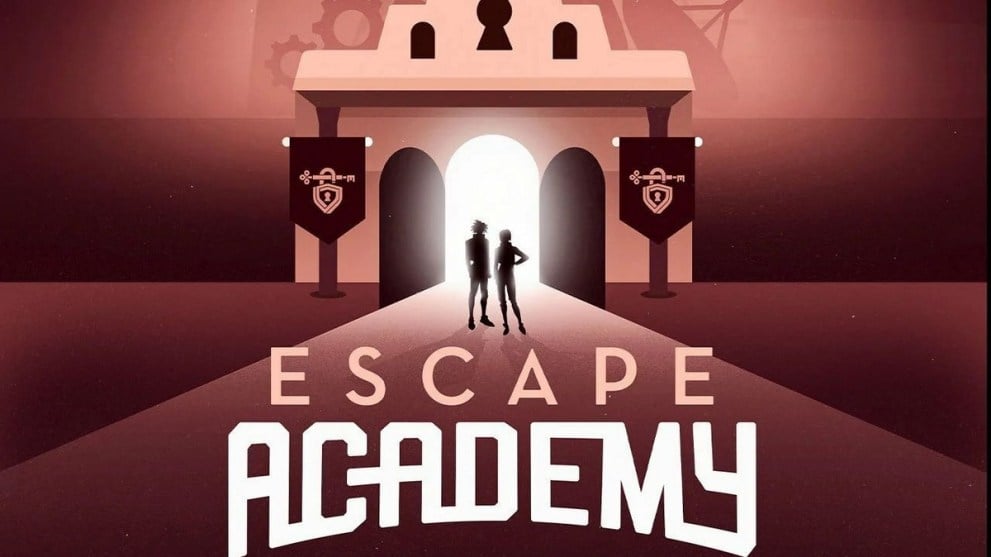 The Escape Academy logo graphic. Shows two figures at the entrance of a castle-like building, with banners either side of them showing a lock and a key. 