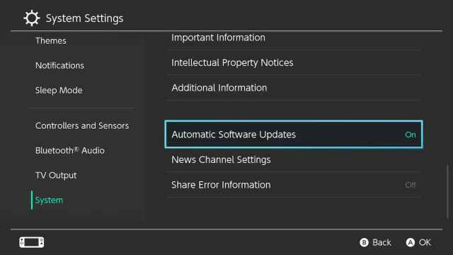 automatic software updates option on Nintendo Switch