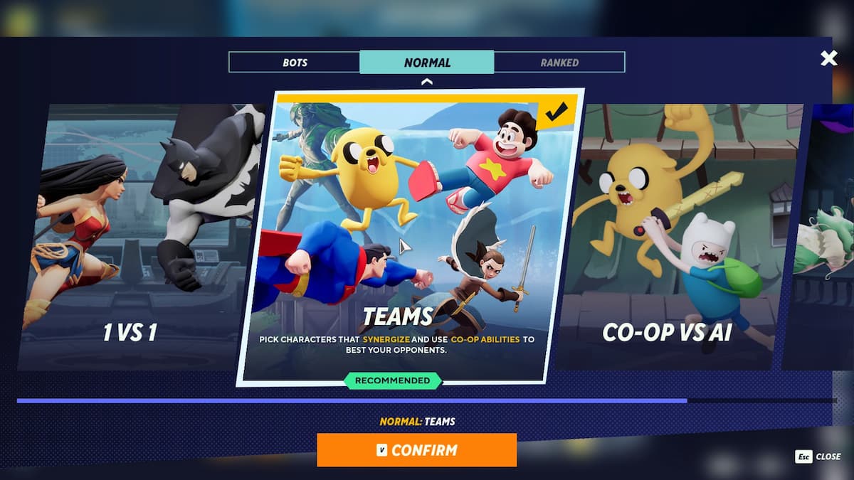 Multiversus game mode select screen. Teams recommended!