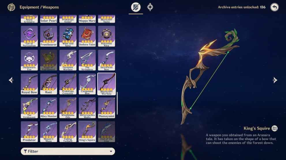 King's Squire Bow: Stats and Ascension Materials