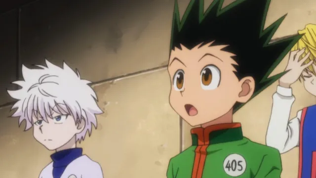 Gon looking surprised while Killua is irritated and Kurapika puts his palm to his face in annoyance. 