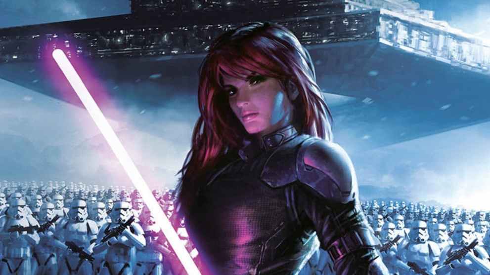 Mara Jade as the Emperor's Hand standing in front of a legion of Stormtroopers.