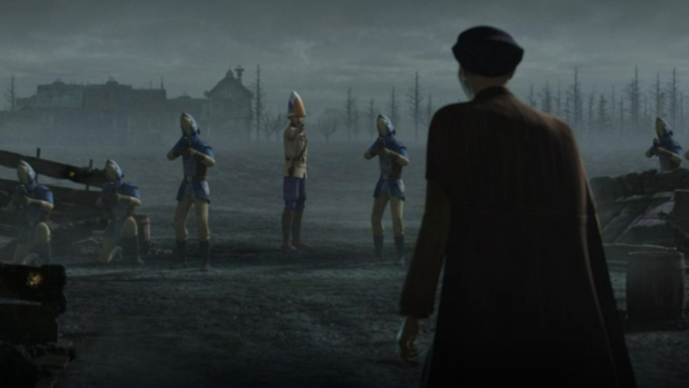 Count Dooku facing Soldiers aiming Blasters.