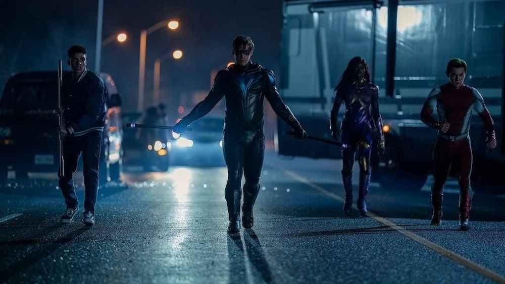 Tim Drake, Nightwing, Starfire, and Gar in Titans; Photograph Courtesy of HBO Max