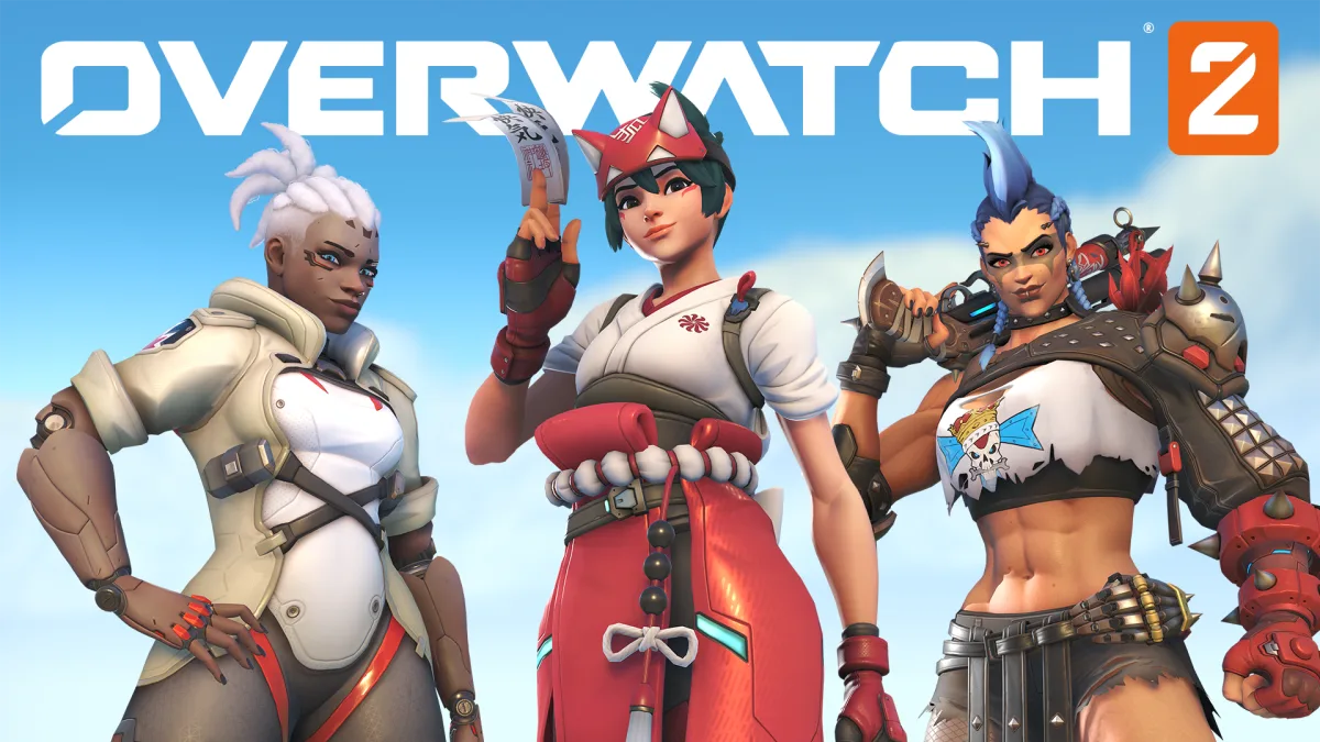 Overwatch characters in a line looking at camera, with OW2 logo behind