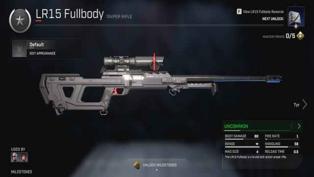 Preview of the gun's statistics, the LR15 FullBody.
