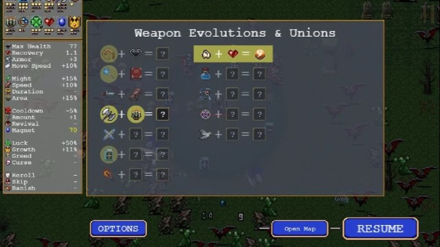 Quick reference for evolutions and unions + what needs to be at max level  for them : r/VampireSurvivors