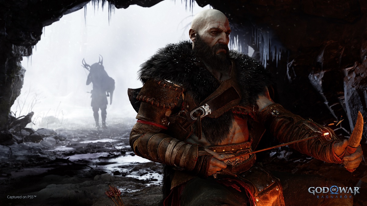 Kratos in God of War Ragnarok, a silhouette in the background