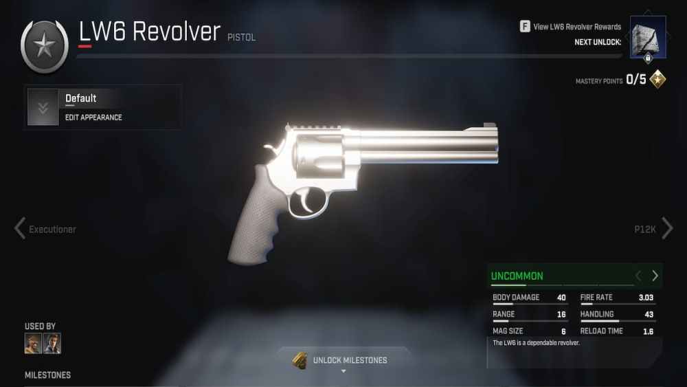 Preview of the gun's statistics, the LW6 Revolver.