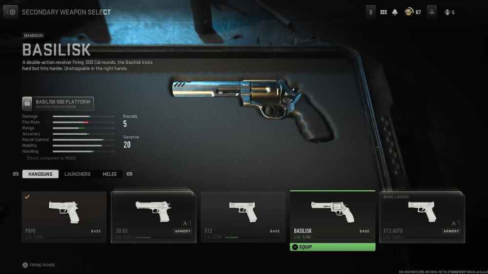 The Basilisk Pistol, best pistols Warzone 2