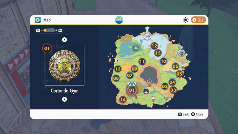 Badges on the map screen in Pokemon Scarlet and Violet. 