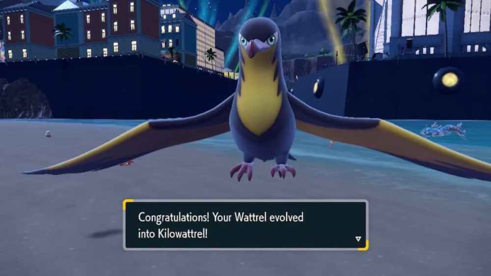 A newly evolved Kilowattrel in Pokemon Scarlet and Violet. 