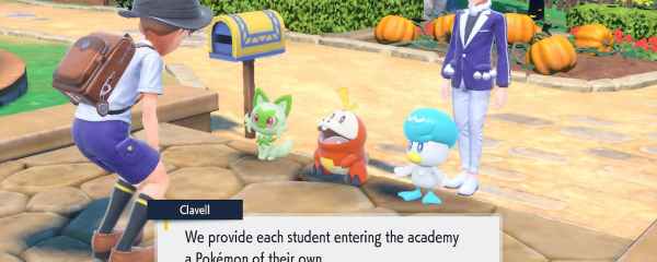 A trainer chooses his first Pokemon in Pokemon Scarlet and Violet.